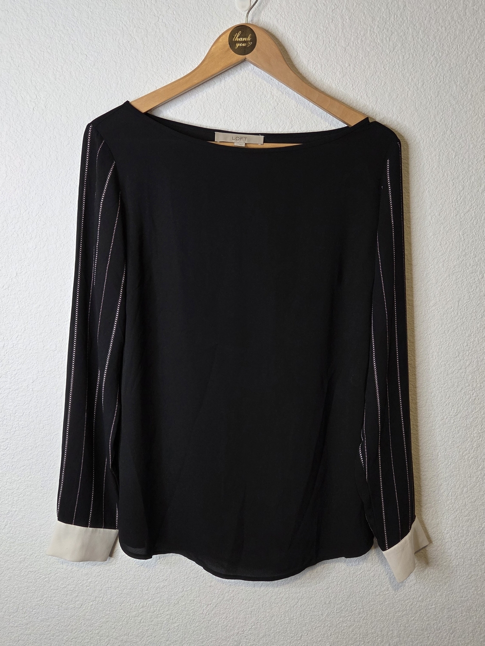 LOFT Black Blouse with Pinstripe Sleeves and Cream Cuffs Size Medium